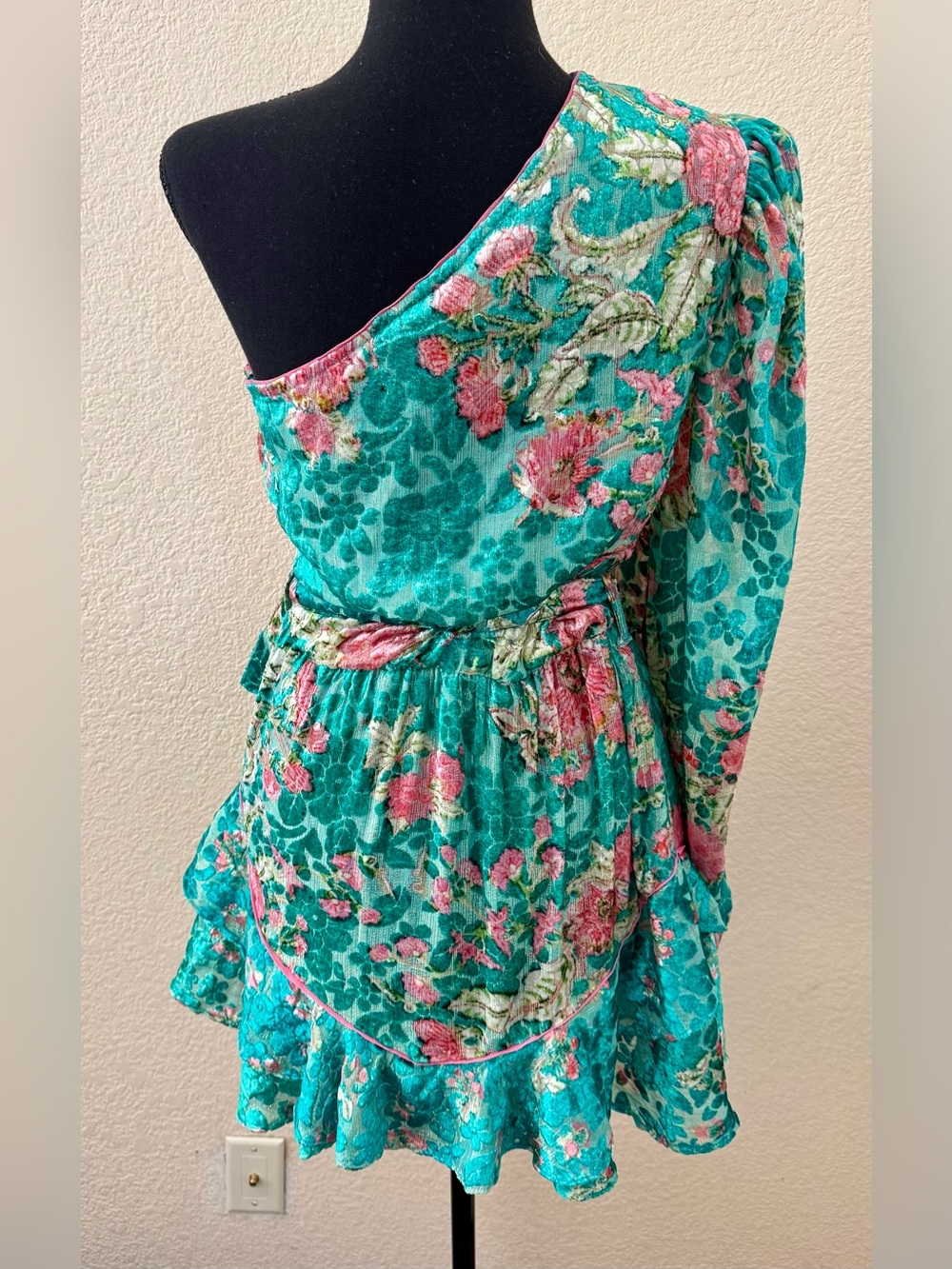 NWT Hermant & Nandita Velvet Teal Floral Metallic One Shoulder Mini Dress Med - Picture 13 of 16